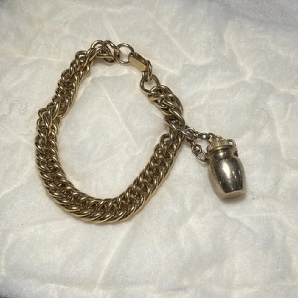 Vtg 40-50’s GoldTone Chunky Chain 7”Bracelet Perfume Bottle/Urn Charm Whimsigoth